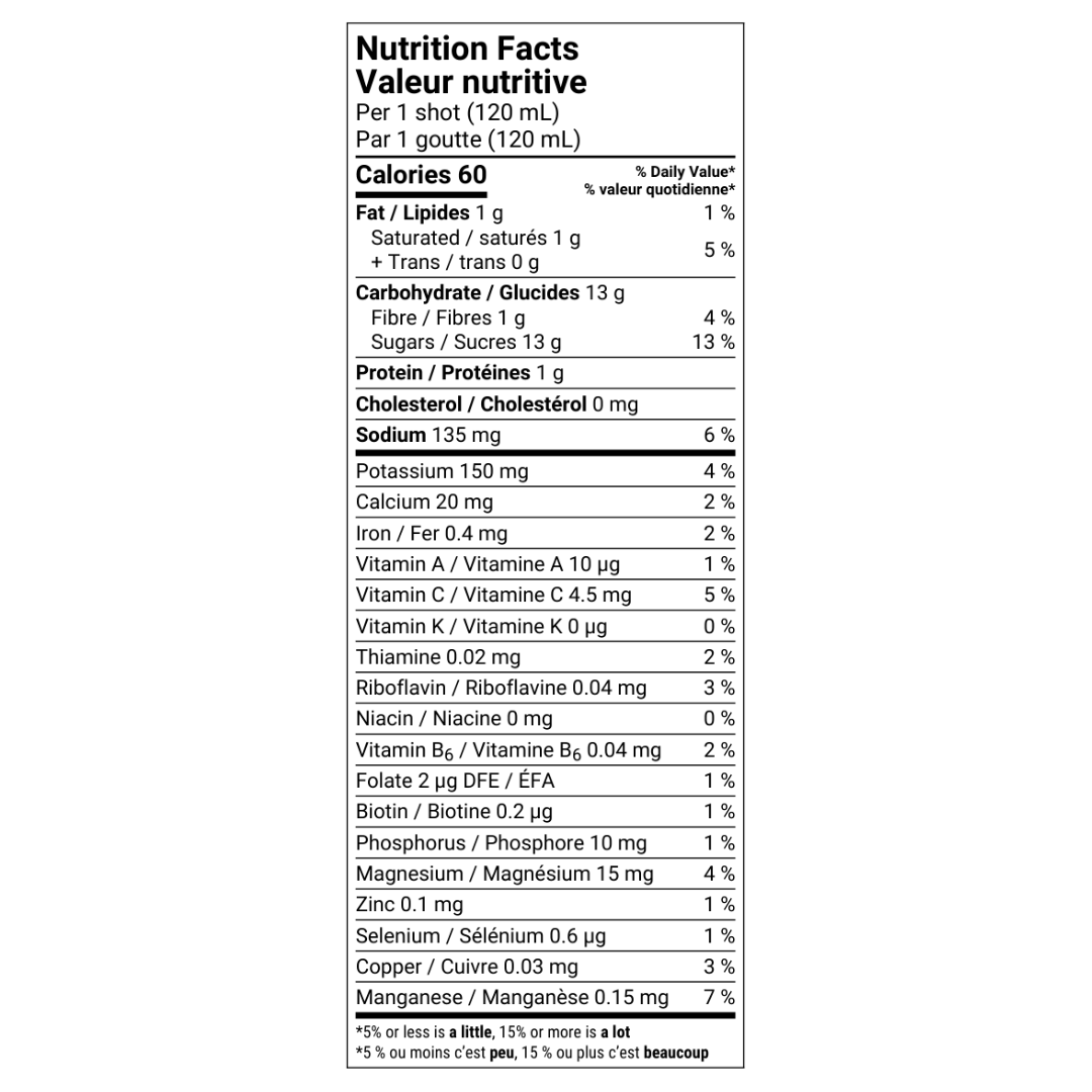 Village Juicery Focus Shot Nutrition Facts Table