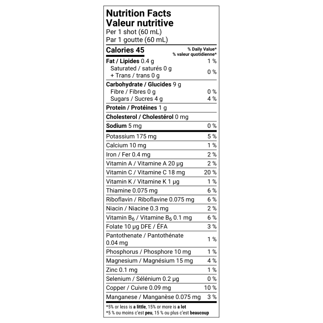 Village Juicery Gut Shot Nutrition Facts Table