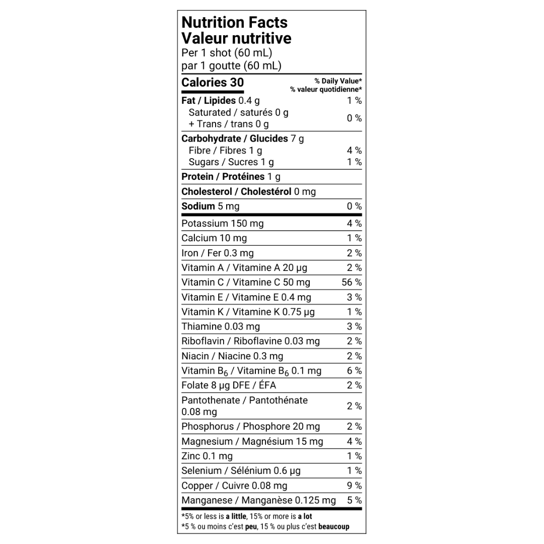 Village Juicery Hot Shot Nutrition Facts Table